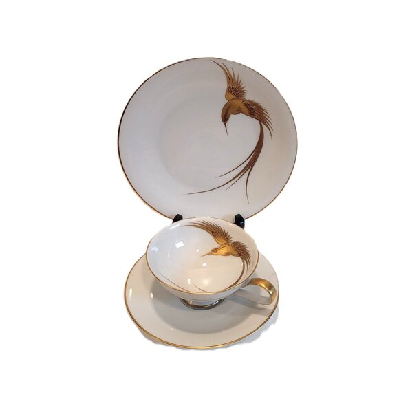 H&C SELB Bavaria Germany Hand-Painted Gold Bird in Flight Cup Saucer Plate - Picture 2 of 12